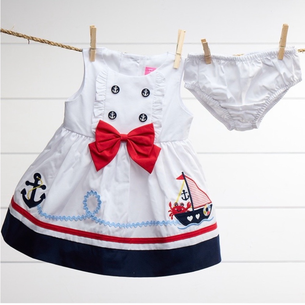 Girl Toddler Sailor Dress 6 Mos Navy Blue White Red Nautical~~with Bloomers~~♥️